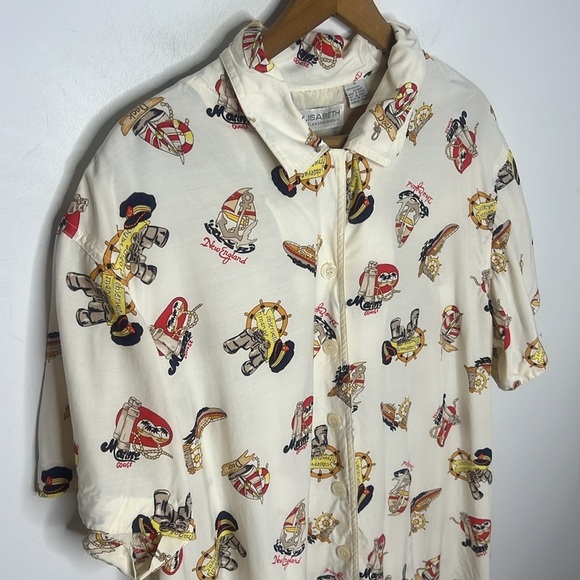 LIZ CLAIBORNE Elizabeth Nautical Novelty Print Beachy 90s Vintage Collard Blouse - Picture 3 of 10